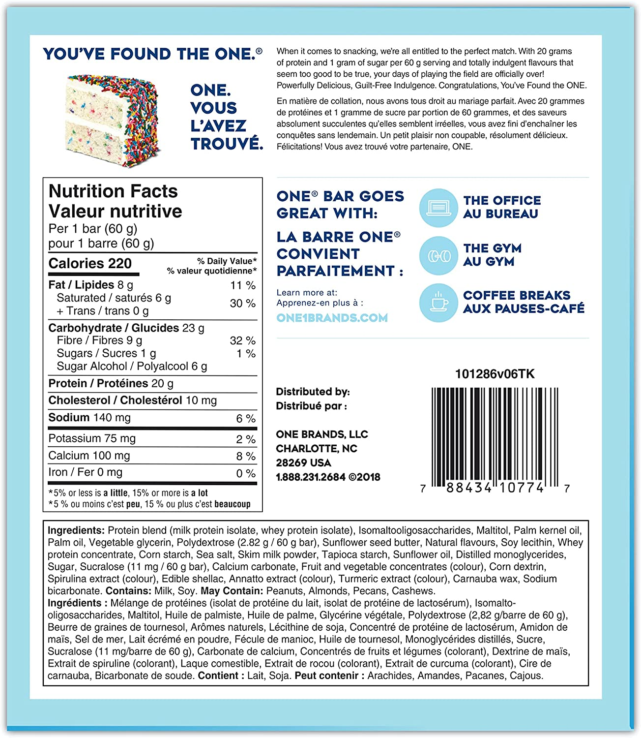 ONE Protein Bars, Birthday Cake, Gluten Free Protein Bars with 20G Protein and Only 1G Sugar, Guilt-Free Snacking for High Protein Diets, 2.12 Oz (12 Pack)