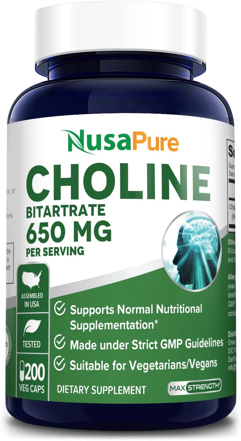 Choline Bitartrate 650 Mg 200 Veggie Capsules ( Vegetarian, Non-Gmo & Gluten-Free)