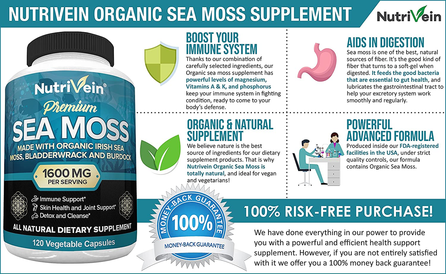 Organic Sea Moss 1600Mg plus Bladderwrack & Burdock - 120 Capsules - Prebiotic Super Food Boosts the Immune System & Digestive Health - Thyroid, Healthy Skin, Keto Detox, Gut, Joint Support