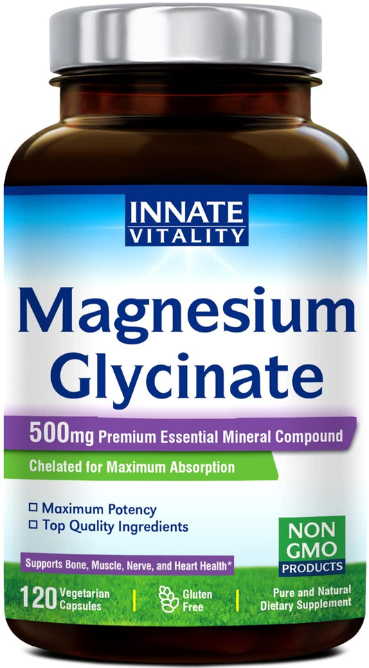 Magnesium Glycinate 500Mg per Caps, 120 Veggie Caps, Chelated for Maximum Absorption, Non-Gmo, NO Gluten Dairy & Soy, Supports Muscle, Joint, and Heart Health