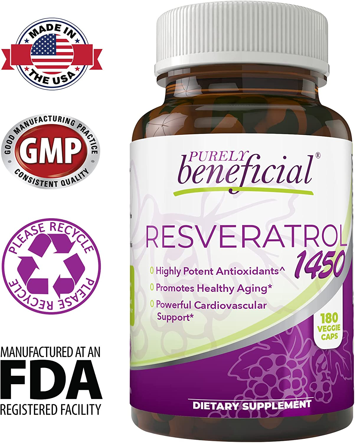 RESVERATROL1450 - 90Day Supply, 1450Mg per Serving of Potent Antioxidants & Trans-Resveratrol, Promotes Anti-Aging, Cardiovascular Support, Maximum Benefits (1Bottle)