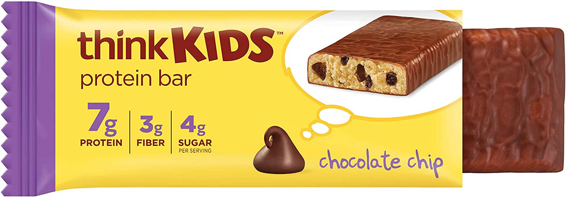 Thinkkids Protein Bars - Chocolate Chip, 7G Protein, 3G Fiber, 4G Sugar, No Artificial Flavors or Colors, Gluten Free, GMO Free*, 1 Oz Bar, 5 Count