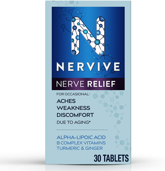 Nerve Relief, for Nerve Aches, Weakness, & Discomfort in Fingers, Hands, Toes & Feet, Alpha Lipoic Acid ALA, Vitamins B1, B6, & B12, Turmeric, Ginger, 30 Daily Tablets, 30-Day Supply