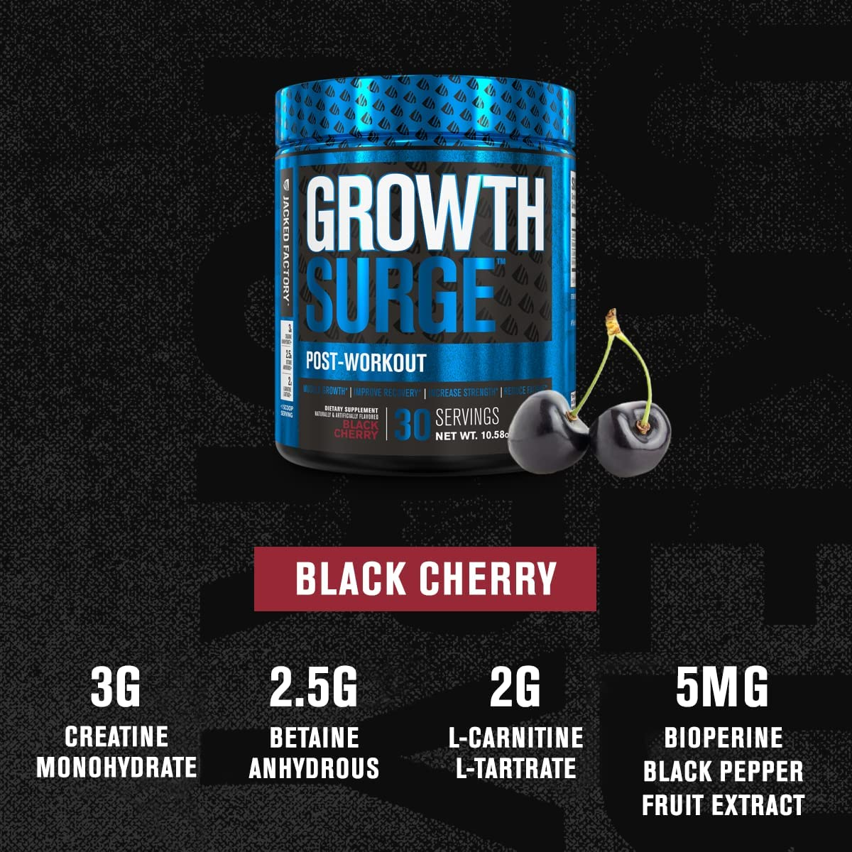 Growth Surge Post Workout Muscle Builder with Creatine, Betaine, L-Carnitine L-Tartrate - Daily Muscle Building & Recovery Supplement - 30 Servings, Black Cherry Flavor