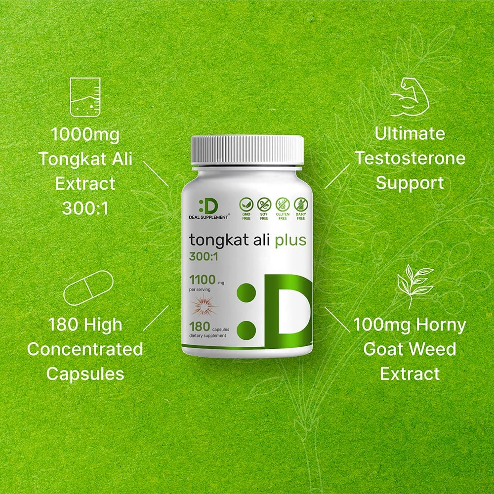 Tongkat Ali Extract 300:1 Enhanced with Horny Goat, 1100Mg per Serving, 180 Capsules, 2-1 Formula, Indonesia Origin Eurycoma Longifolia (Longjack), Max Strength Tongkat Ali for Men