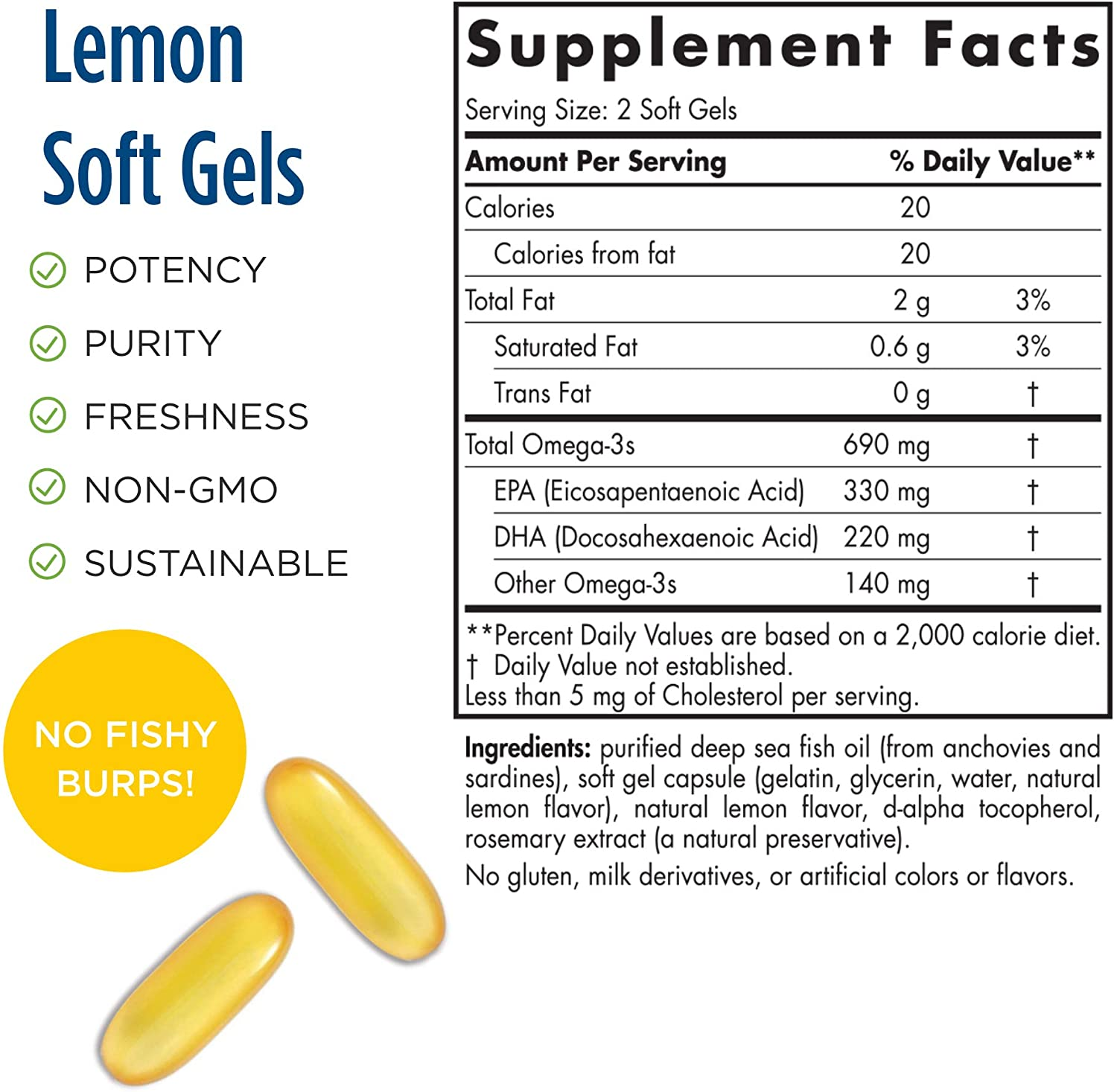 Omega-3, Lemon Flavor - 690 Mg Omega-3-90 Soft Gels - Fish Oil - EPA & DHA - Immune Support, Brain & Heart Health, Optimal Wellness - Non-Gmo - 45 Servings