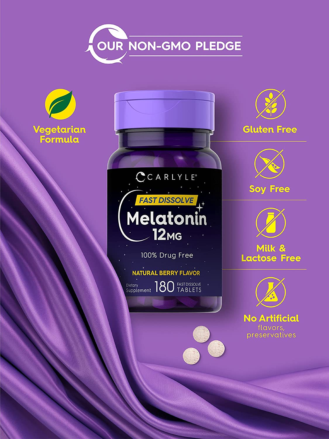 Melatonin 12 Mg Fast Dissolve 180 Tablets | Drug Free | Natural Berry Flavor | Vegetarian, Non-Gmo, Gluten Free