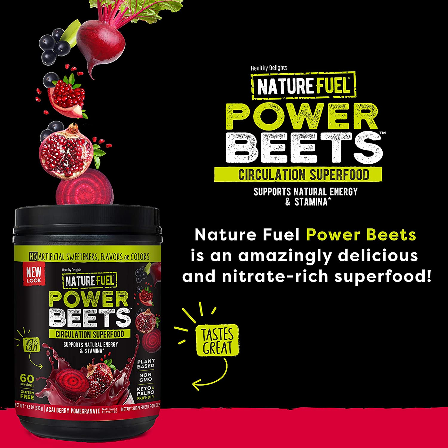 Nature Fuel Power Beets Powder, Delicious Acai Berry Pomegranate, Concentrated Superfood Supplement, Supports Circulation, Natural Energy & Stamina, Non-Gmo, 60 Servings