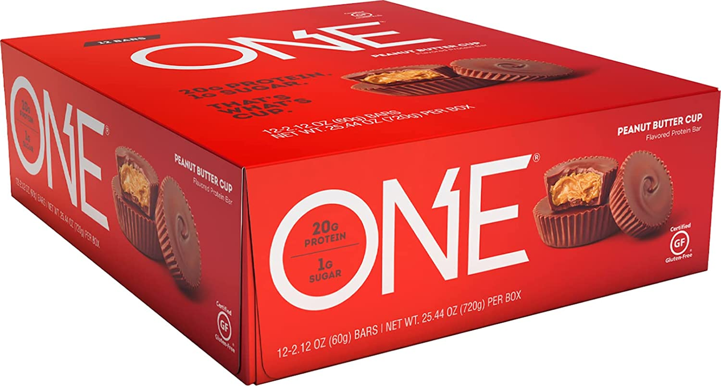 ONE Protein Bars, Peanut Butter Cup, Gluten-Free Protein Bar with 20G Protein and Only 1G Sugar, Snacking for High Protein Diets, 2.12 Ounce (12 Pack)