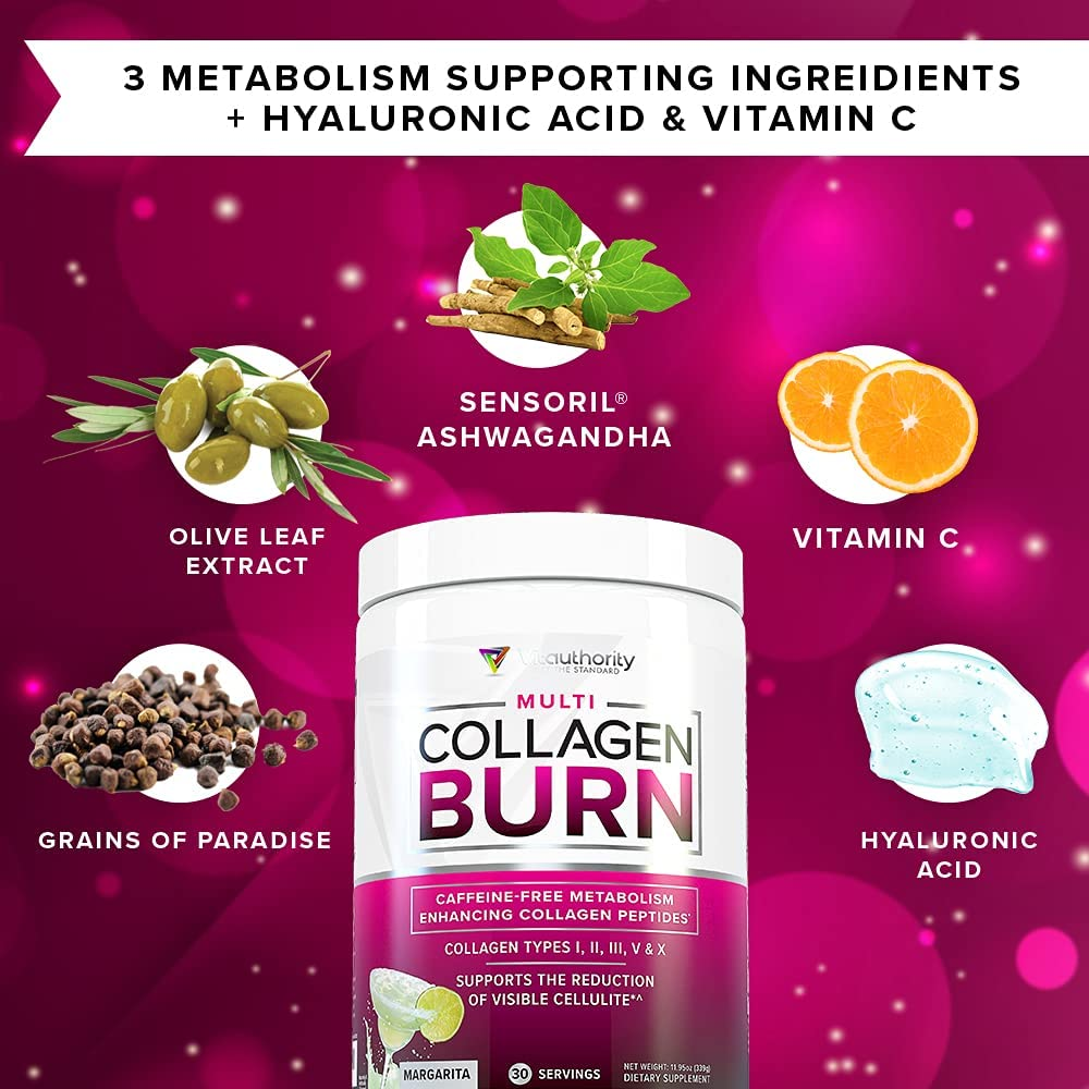 Multi Collagen Burn: Multi-Type Hydrolyzed Collagen Protein Peptides with Hyaluronic Acid, Vitamin C, SOD B Dimpless, Types I, II, III, V and X Collagen, Caffeine-Free (Margarita)