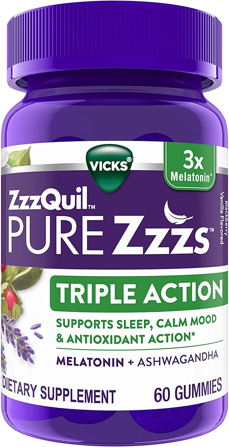 PURE Zzzs Triple Action, 6Mg Melatonin Gummies, 3X Melatonin Sleep Aid with Ashwagandha, Calm Mood & Antioxidant Action, Sleep Aids for Adults, 6 Mg per Serving, 60 Count