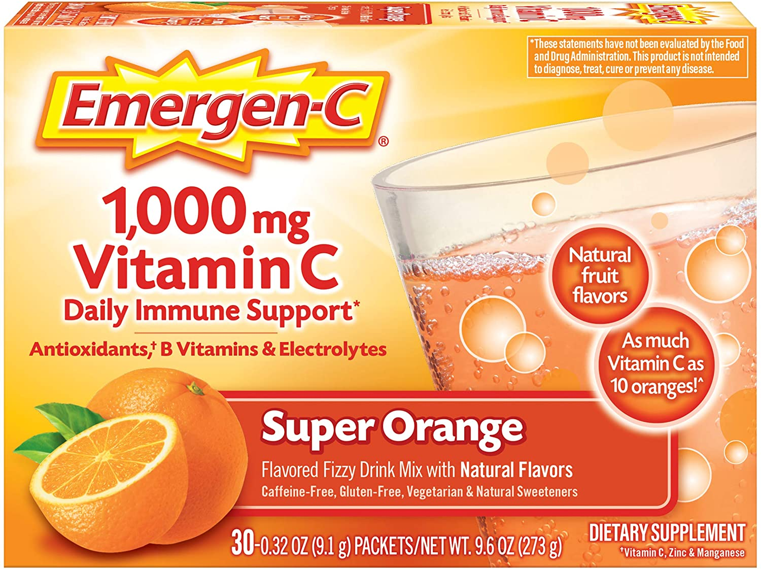 Emergen-C 1000Mg Vitamin C Powder for Daily Immune Support Caffeine Free Vitamin C Supplements with Zinc and Manganese, B Vitamins and Electrolytes, Super Orange Flavor - 30 Count