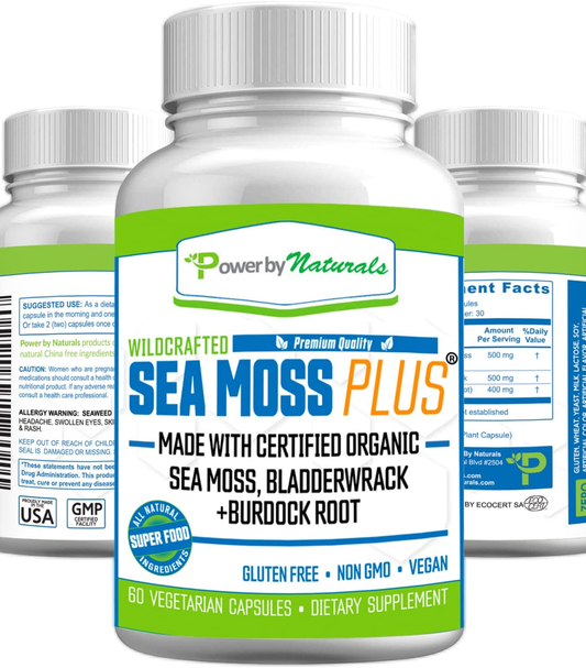 Certified Organic Sea Moss plus Supplements with Wildcrafted Irish Sea Moss, Bladderwrack, and Burdock Root, Pure Sea Moss Supplement, Vegan, No Fillers, 60 Seamoss Powder Capsules