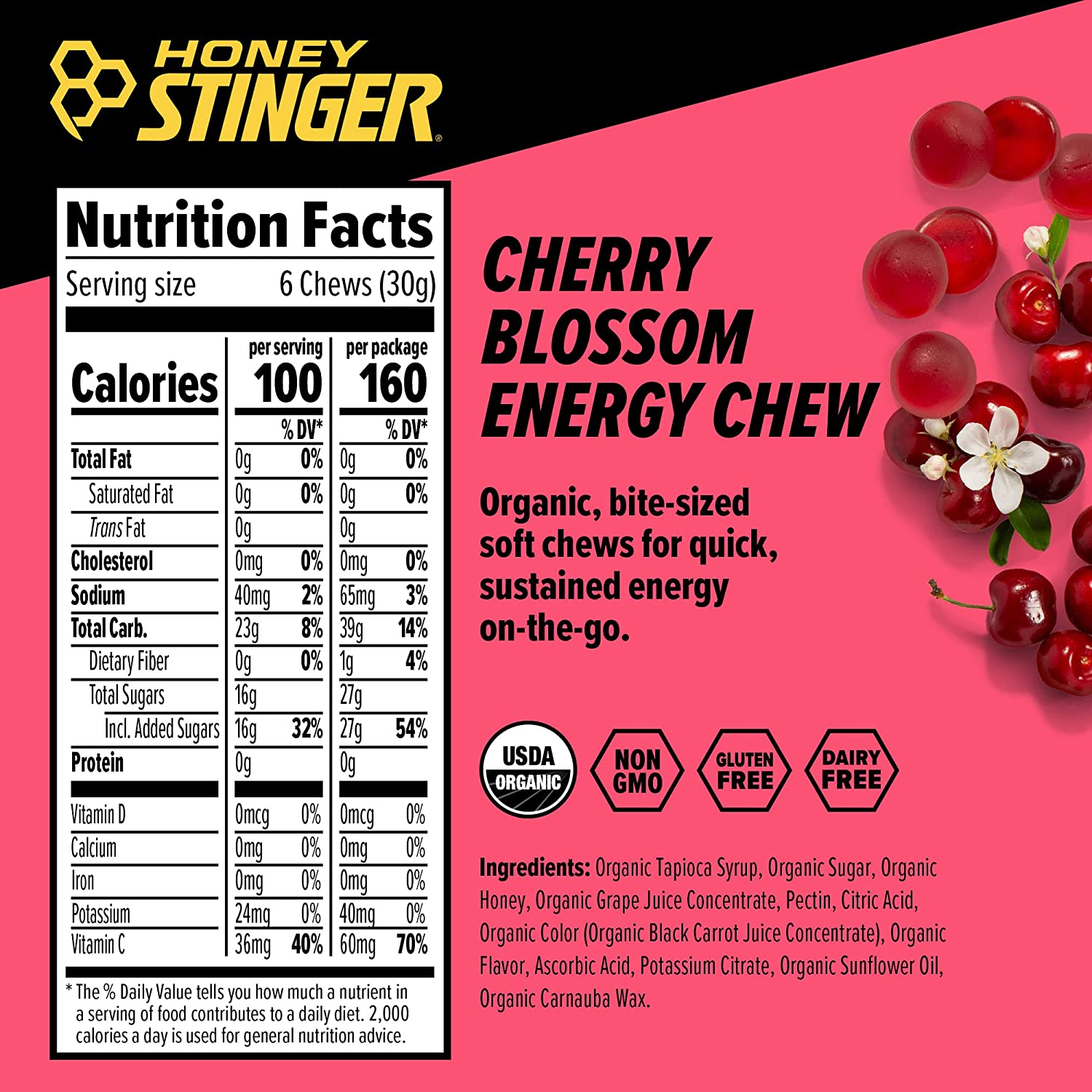 Organic Cherry Blossom Energy Chew | Gluten Free & Caffeine Free | for Exercise, Running and Performance | Sports Nutrition for Home & Gym, Pre and Mid Workout | 12 Pack, 21.6 Ounce