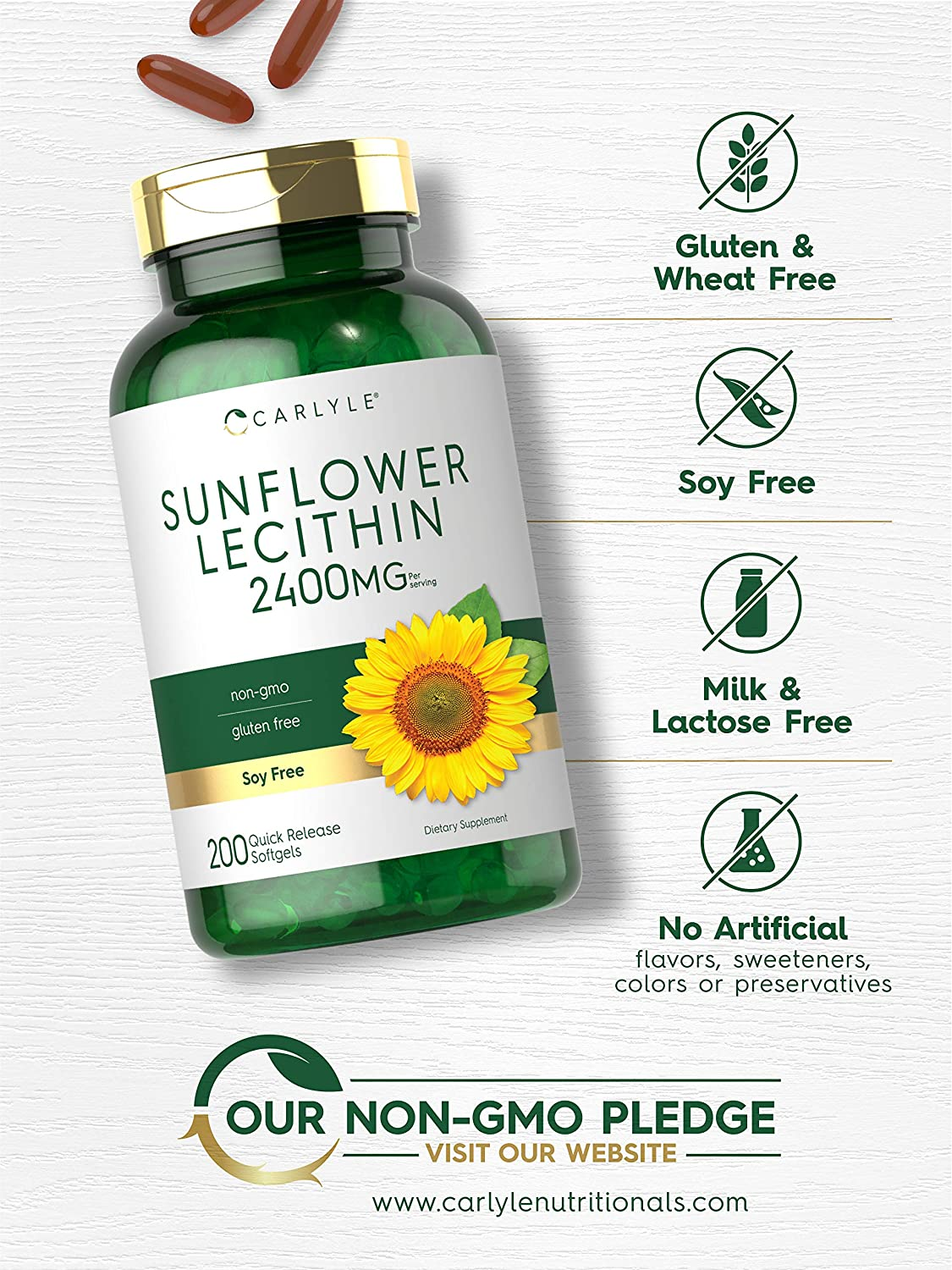 Sunflower Lecithin 2400Mg | 200 Softgel Capsules | Rich in Phosphatidyl Choline | Non-Gmo, Soy Free, Gluten Free Supplement | by