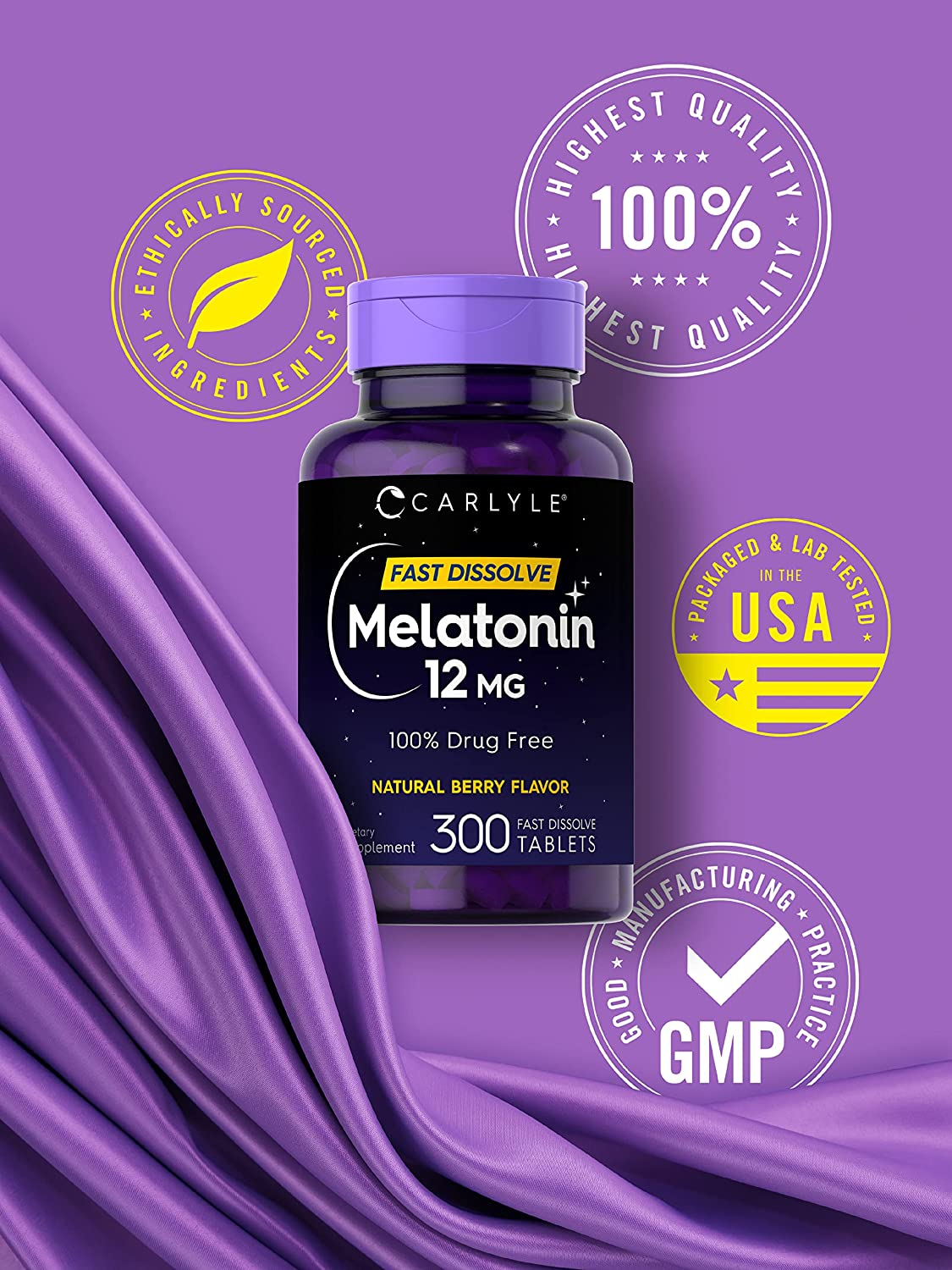 Melatonin 12 Mg Fast Dissolve 300 Tablets | Drug Free | Natural Berry Flavor | Vegetarian, Non-Gmo, Gluten Free