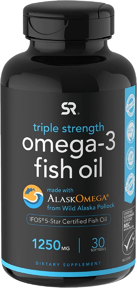 Triple Strength Omega 3 Fish Oil Supplement - EPA & DHA Fatty Acids from Wild Alaskan Pollock - Heart, Brain & Immune Support for Adults, Men & Women - 1250 Mg Capsules (30 Ct)