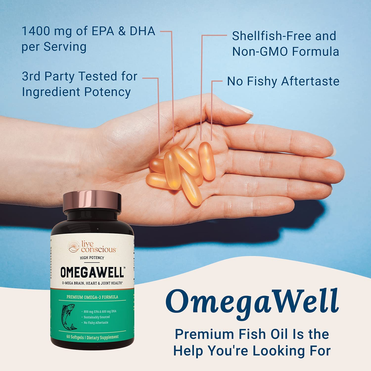 Omegawell Fish Oil: Heart, Brain, and Joint Support | 800 Mg EPA 600 Mg DHA - Lemon Flavor, Enteric-Coated, Sustainably Sourced - Easy to Swallow 30 Day Supply