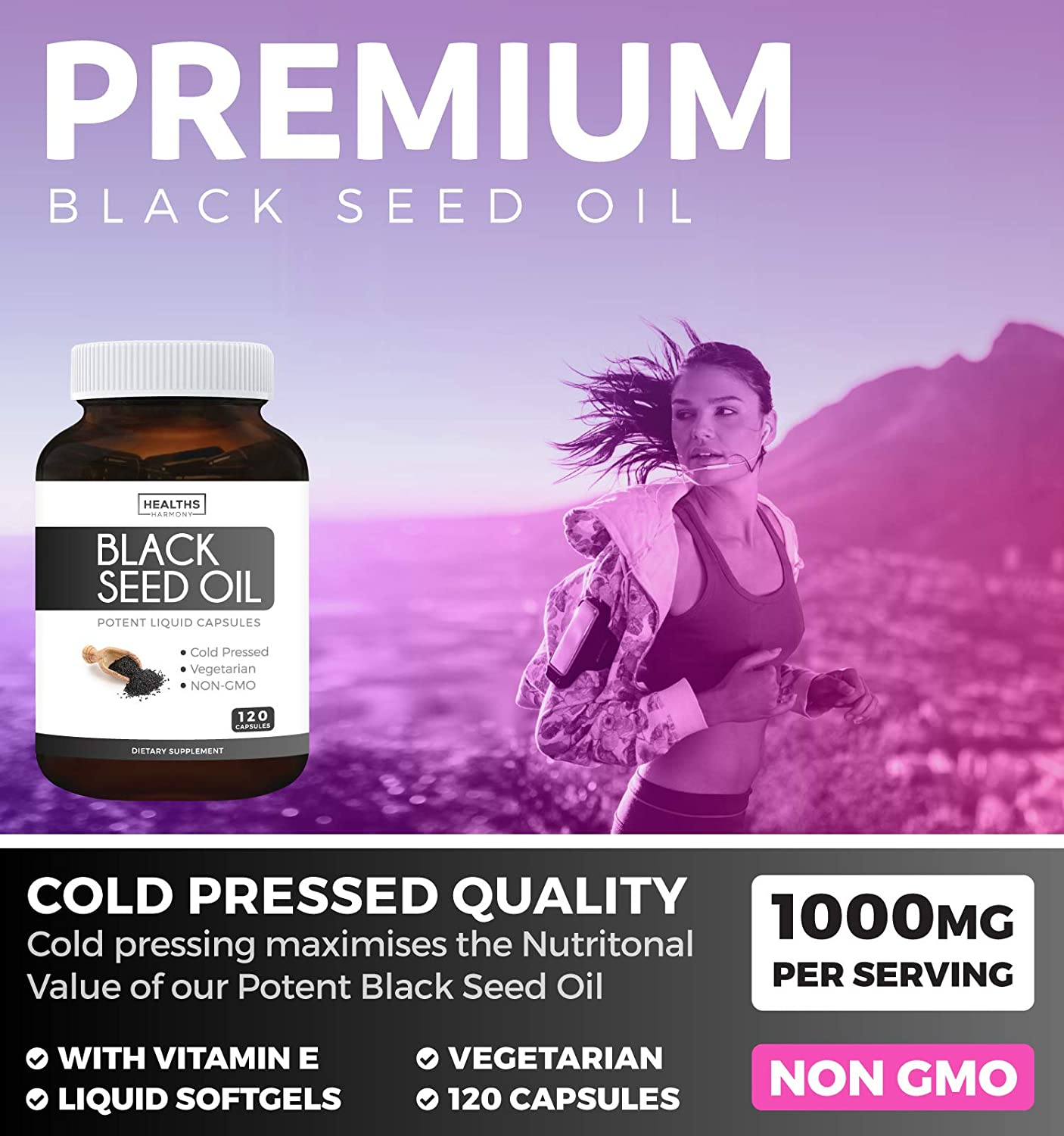 Black Seed Oil - 120 Softgel Capsules (Non-Gmo & Vegetarian) Premium Cold-Pressed Nigella Sativa Producing Pure Black Cumin Seed Oil with Vitamin E - 500Mg Each, 1000Mg per Serving