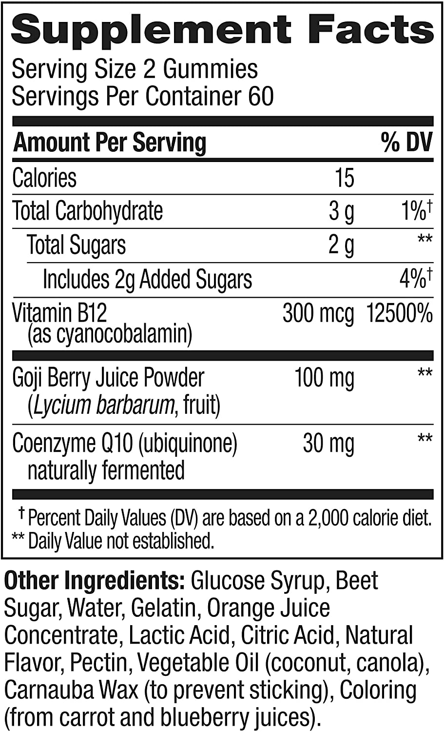 Daily Energy Gummy, Caffeine Free, Vitamin B12, Coq10, Goji Berry, Adult Chewable Supplement, Tropical Flavor - 120 Count Pouch