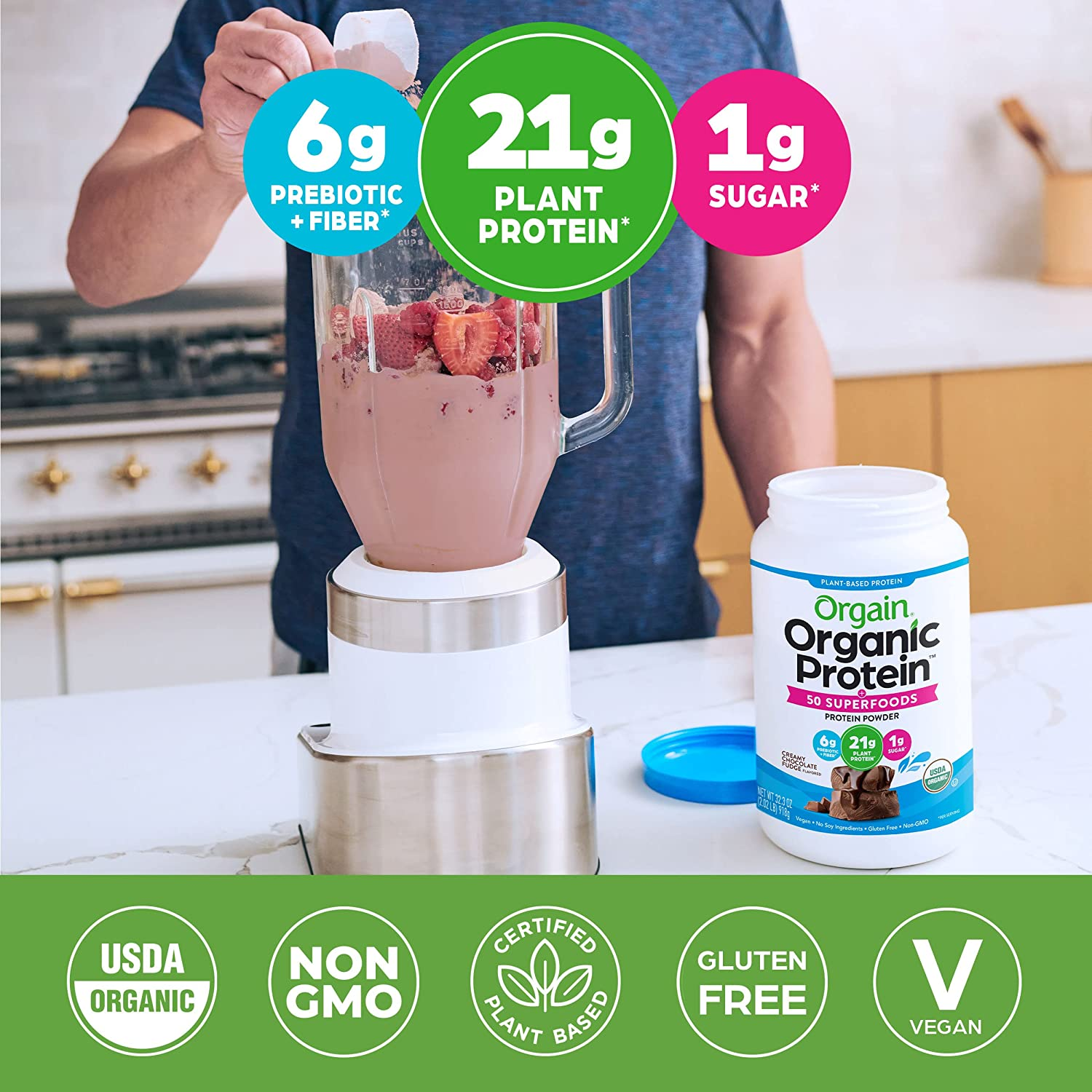 Organic Protein + Superfoods Powder, Creamy Chocolate Fudge - 21G of Protein, Vegan, Plant Based, 6G of Fiber, No Dairy, Gluten, Soy or Added Sugar, Non-Gmo, 1.12 Lb