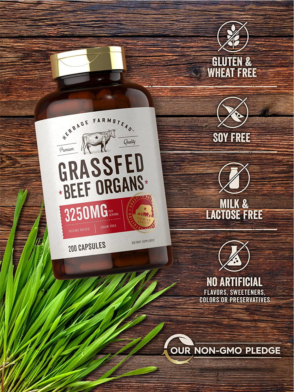 Grassfed Beef Organs Capsules 3250Mg | 200 Count | Desiccated Liver, Kidney, Pancreas, Heart, Spleen Supplement | Non-Gmo, Gluten Free | by Herbage Farmstead