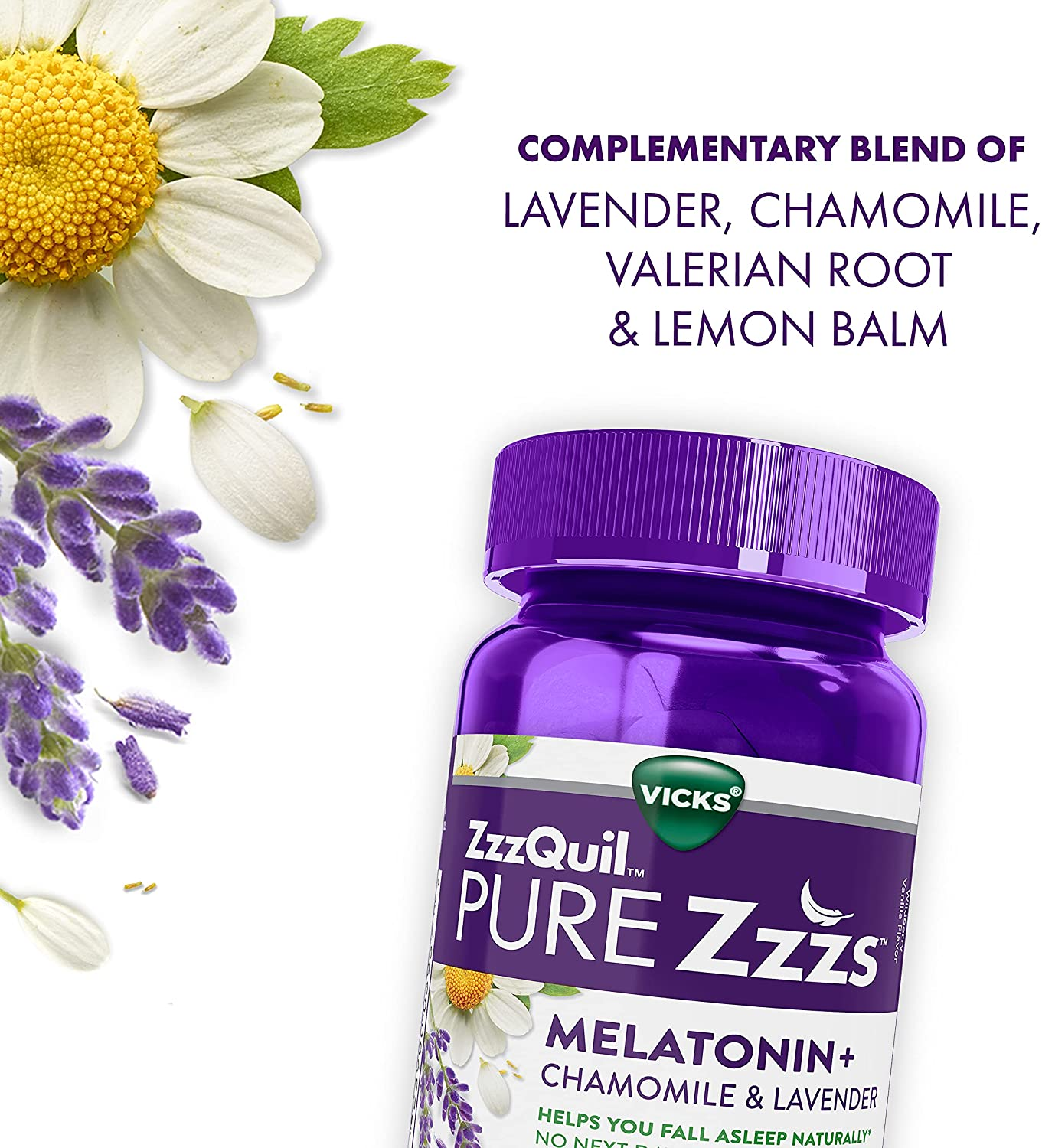 Pure Zzzs Melatonin Sleep Aid Gummies, Helps You Fall Asleep Naturally, Wildberry Vanilla Flavor, Chamomile Lavender & Valerian Root, 1Mg per Gummy, 72 Count