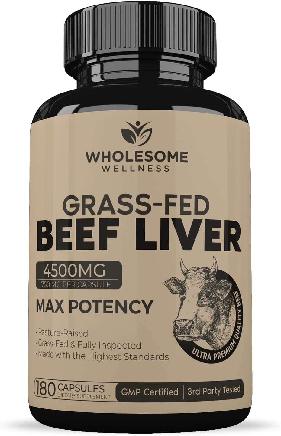 Grass Fed Desiccated Beef Liver Capsules (180 Pills, 750Mg Each) - Natural Iron, Vitamin A, B12 for Energy - Humanely Pasture Raised Undefatted in New Zealand without Hormones or Chemicals