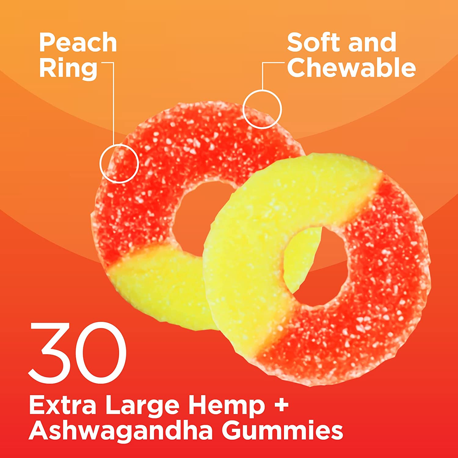 Hemp Gummies Ashwagandha Gummies, 30 X-Large Peach Rings