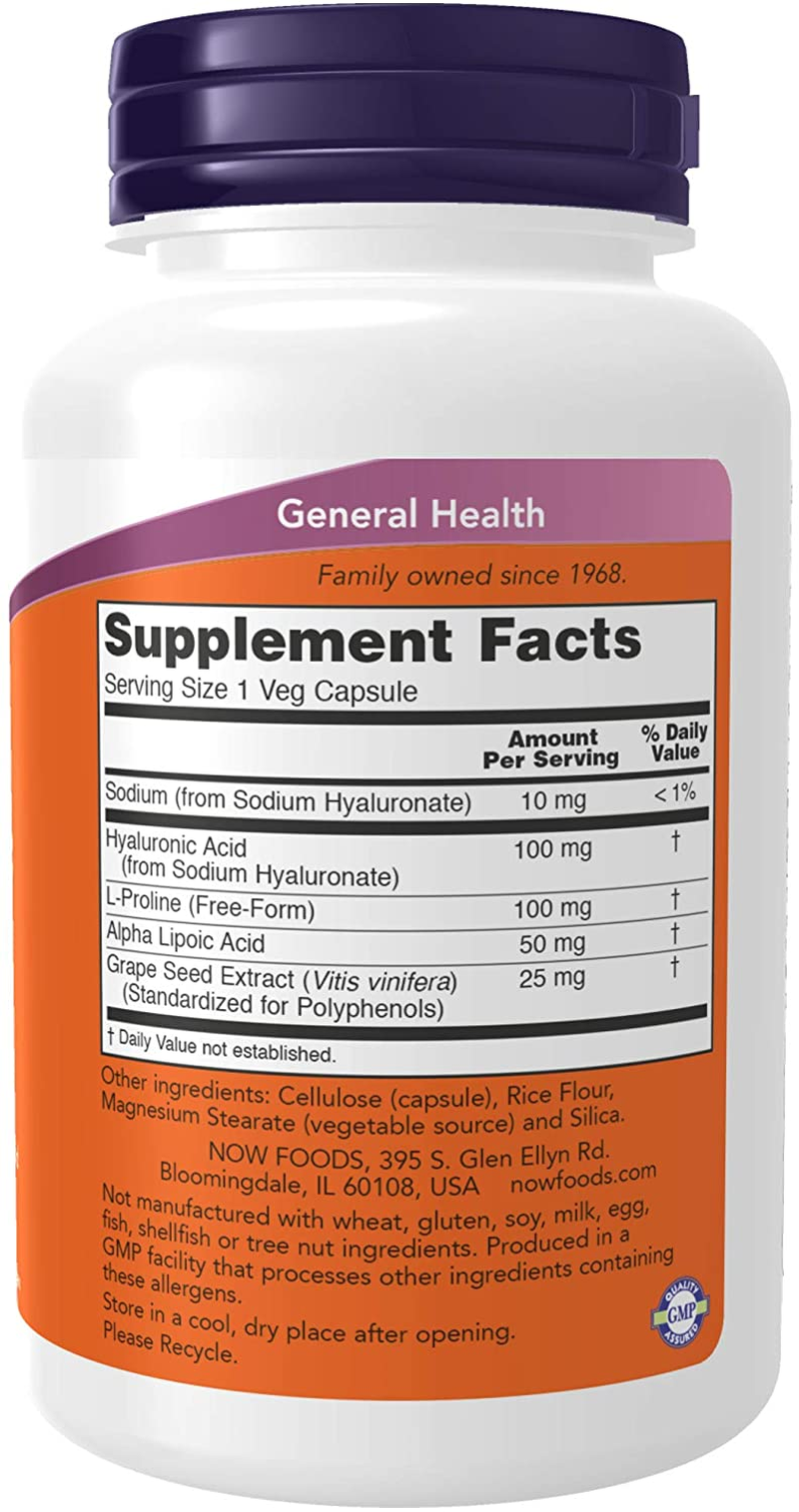 Supplements, Hyaluronic Acid 100 Mg, Double Strength with L-Proline, Alpha Lipoic Acid and Grape Seed Extract, 120 Veg Capsules