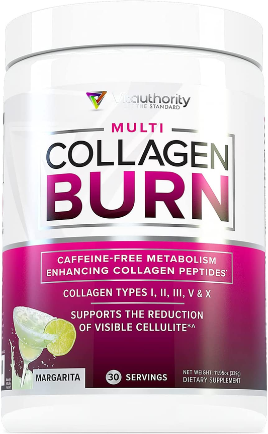 Multi Collagen Burn: Multi-Type Hydrolyzed Collagen Protein Peptides with Hyaluronic Acid, Vitamin C, SOD B Dimpless, Types I, II, III, V and X Collagen, Caffeine-Free (Margarita)