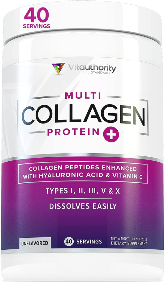 Multi Collagen Peptides plus Hyaluronic Acid and Vitamin C, Hydrolyzed Collagen Protein, Types I, II, III, V and X Collagen, Unflavored