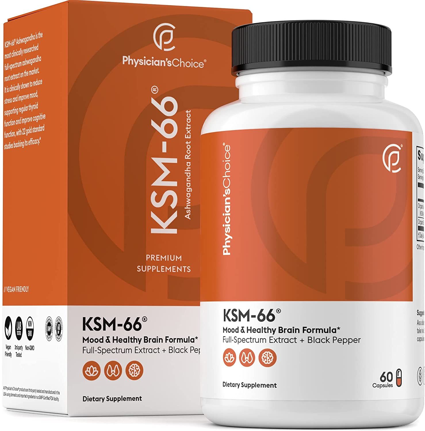 KSM-66 Ashwagandha Root Powder Extract, High Potency 5% Withanolides, 1000Mg of Clinically Studied KSM66 & Black Pepper, Adrenal Support, Thyroid Support - Vegan, Non-Gmo, 60 Capsules