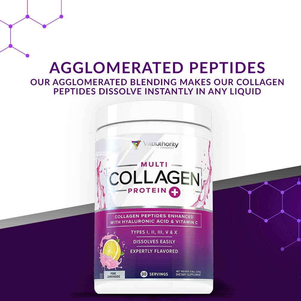 Multi Collagen Peptides plus Hyaluronic Acid and Vitamin C, Hydrolyzed Collagen Protein, Types I, II, III, V and X Collagen, Pink Lemonade Flavor