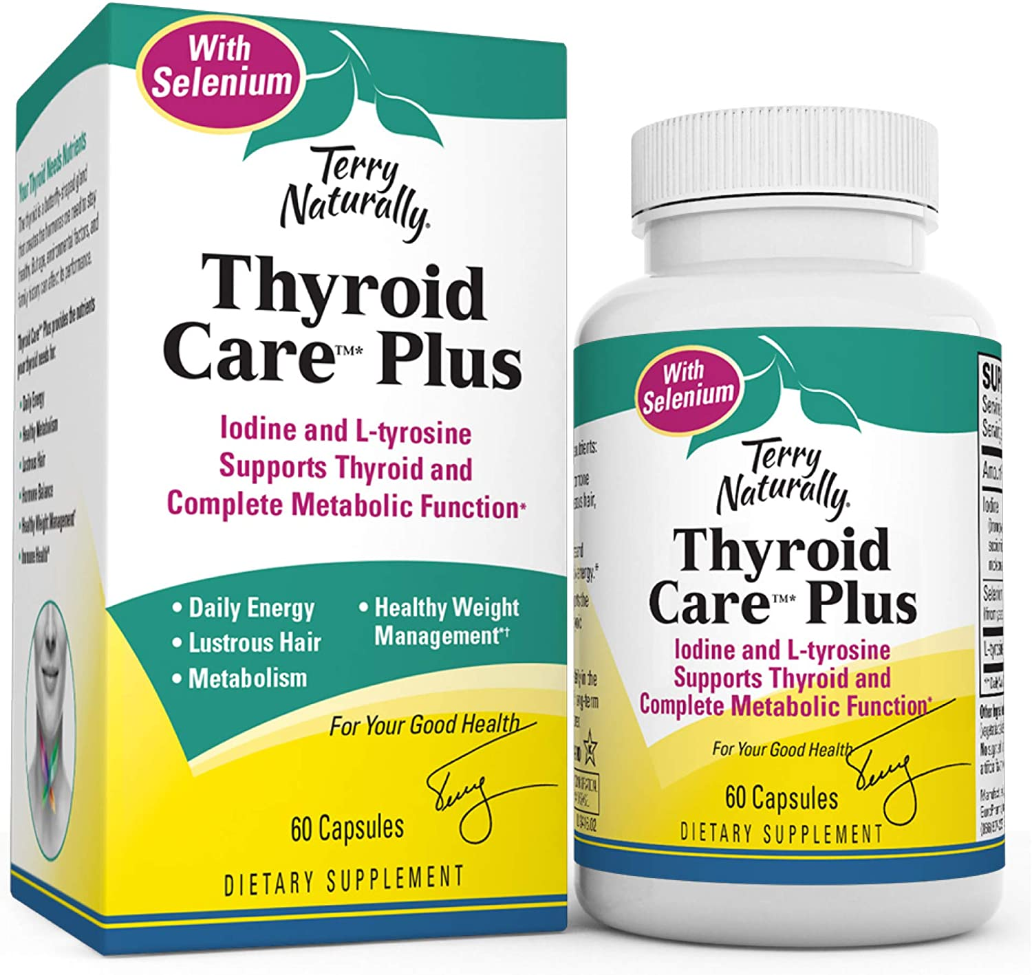 Thyroid Care plus - Iodine + L-Tyrosine, 60 Capsules - Thyroid Support Supplement with Selenium, Promotes Energy & Metabolism - Non-Gmo, Gluten-Free, Kosher - 30 Servings