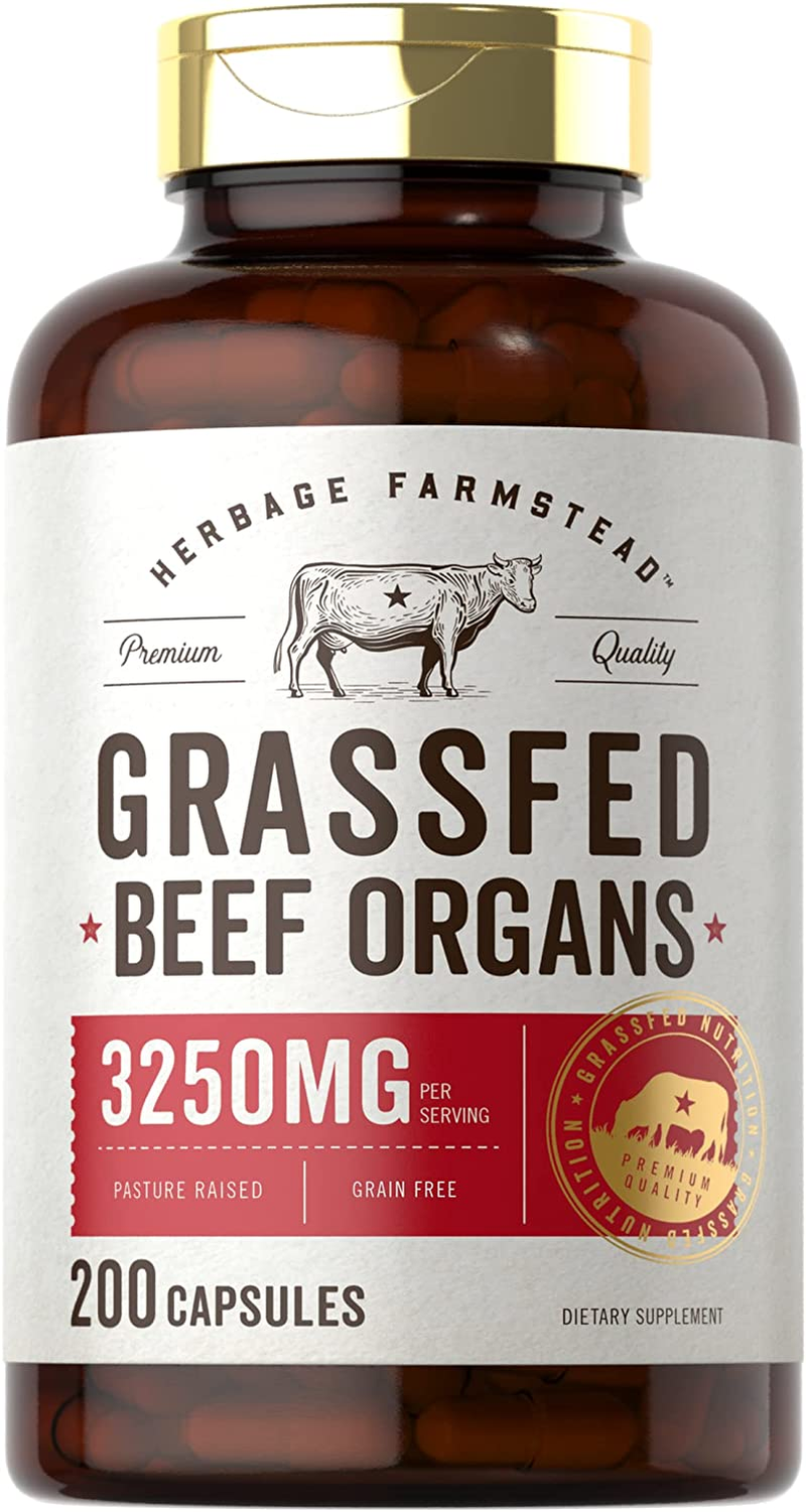 Grassfed Beef Organs Capsules 3250Mg | 200 Count | Desiccated Liver, Kidney, Pancreas, Heart, Spleen Supplement | Non-Gmo, Gluten Free | by Herbage Farmstead