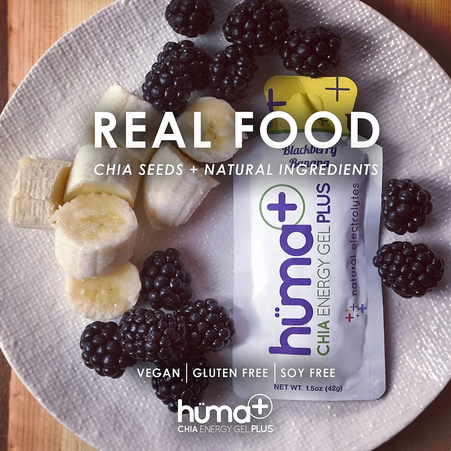 Huma plus (Double Electrolytes) - Chia Energy Gel, Berries & Pomegranate, 12 Gels - Stomach Friendly, Real Food Energy Gels