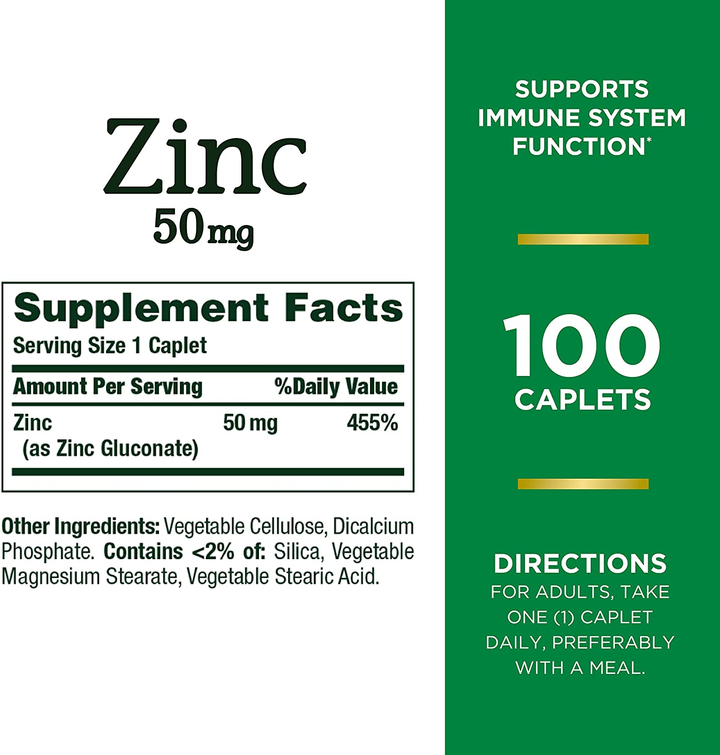 Zinc, Immune Support, 50 Mg, Caplets, 100 Ct