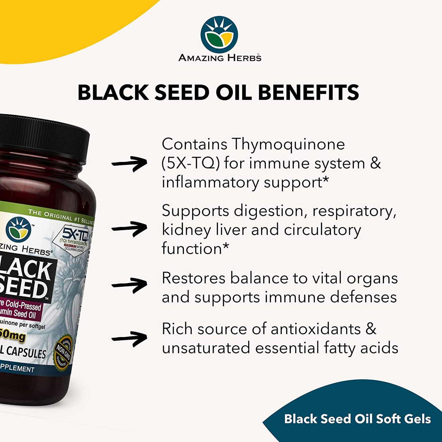 Premium Black Seed Oil Capsules - High Potency, Cold Pressed Nigella Sativa Aids in Digestive Health, Immune Support & Brain Function - 60 Count, 1250Mg