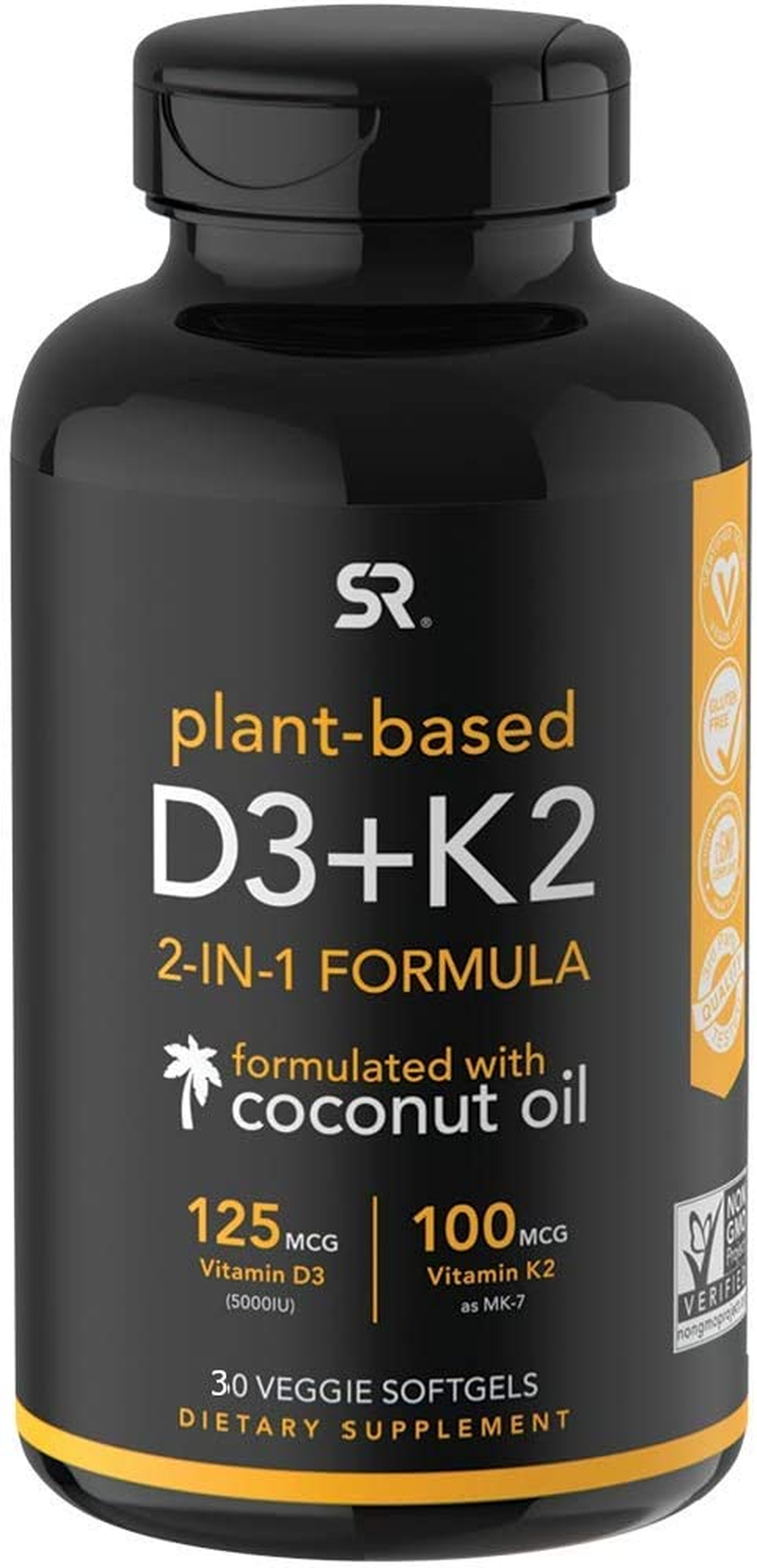 Vegan Vitamin D3 + K2 Supplement with Organic Coconut Oil - 5000Iu Vitamin D with 100Mcg Mk7 Vitamin K - Supports Calcium for Stronger Bones & Immune Health - 30 Softgels for Adults