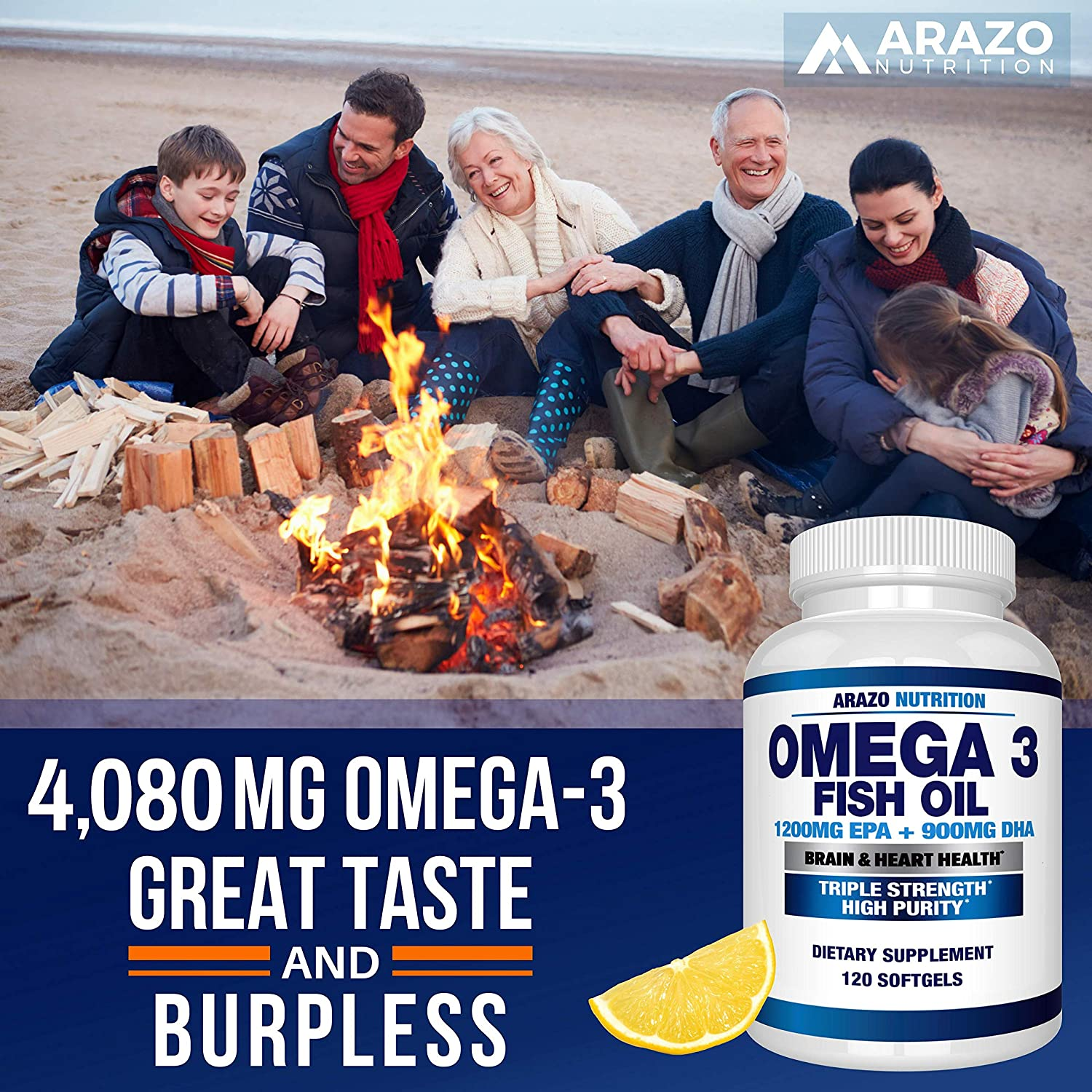 Omega 3 Fish Oil 4,080Mg - High EPA 1200Mg + DHA 900Mg Triple Strength Burpless Softgels -  (120 Soft Gels)