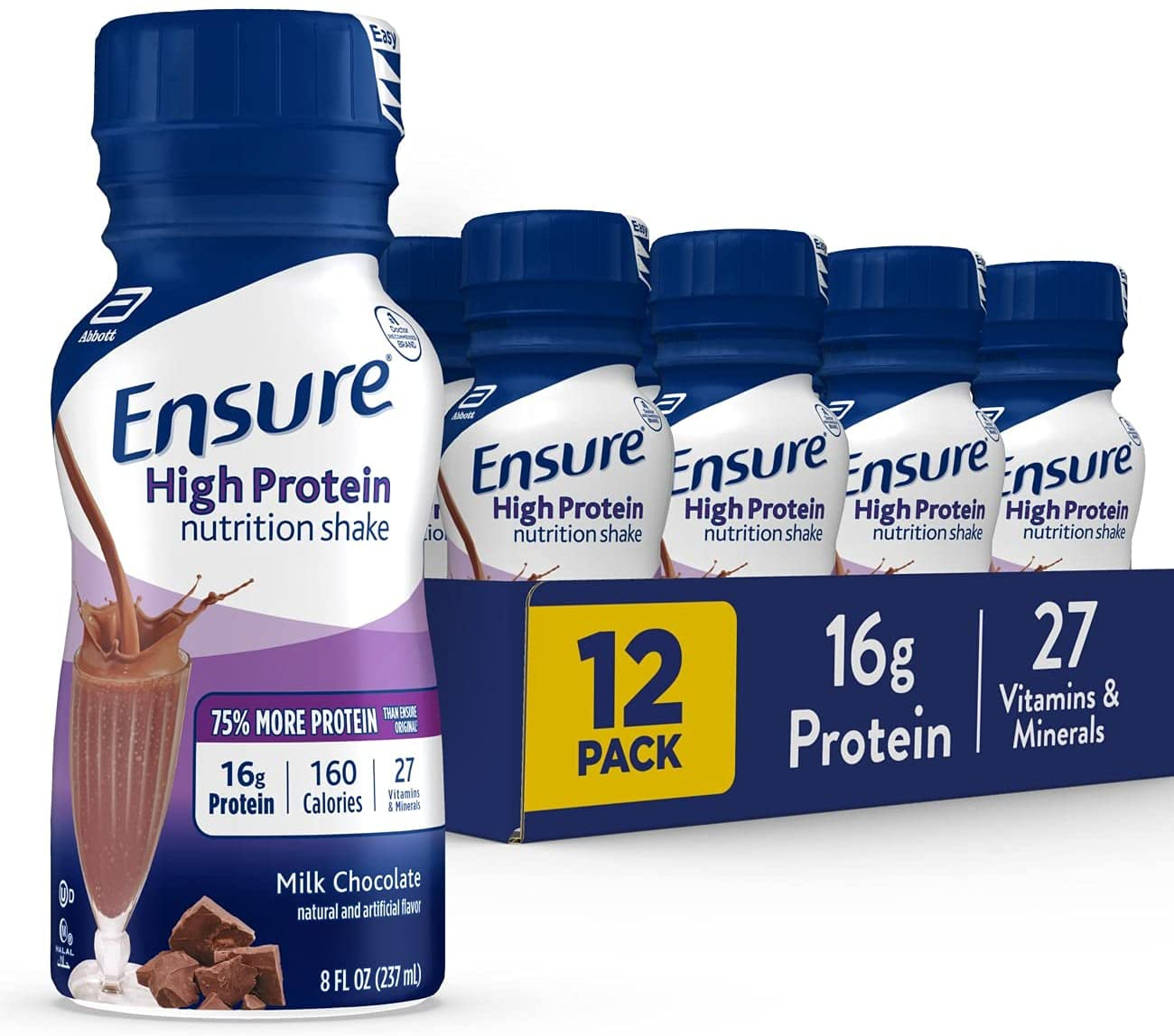 Ensure High Protein Nutritional Shake with 16G of Protein, Ready-To-Drink Meal Replacement Shakes, Low Fat, Milk Chocolate, 8 Fl Oz, 12 Count