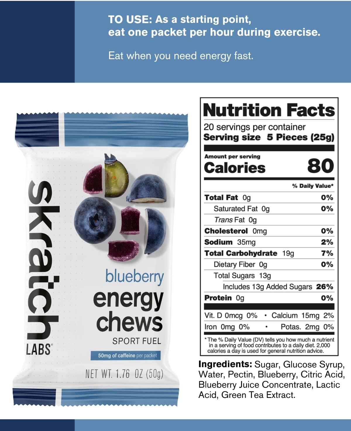 Energy Chews Sport Fuel, Blueberry with Caffeine (10 Pack) - Energy Chews for Exercise, Endurance and Performance - Gluten Free, Dairy Free, Vegan