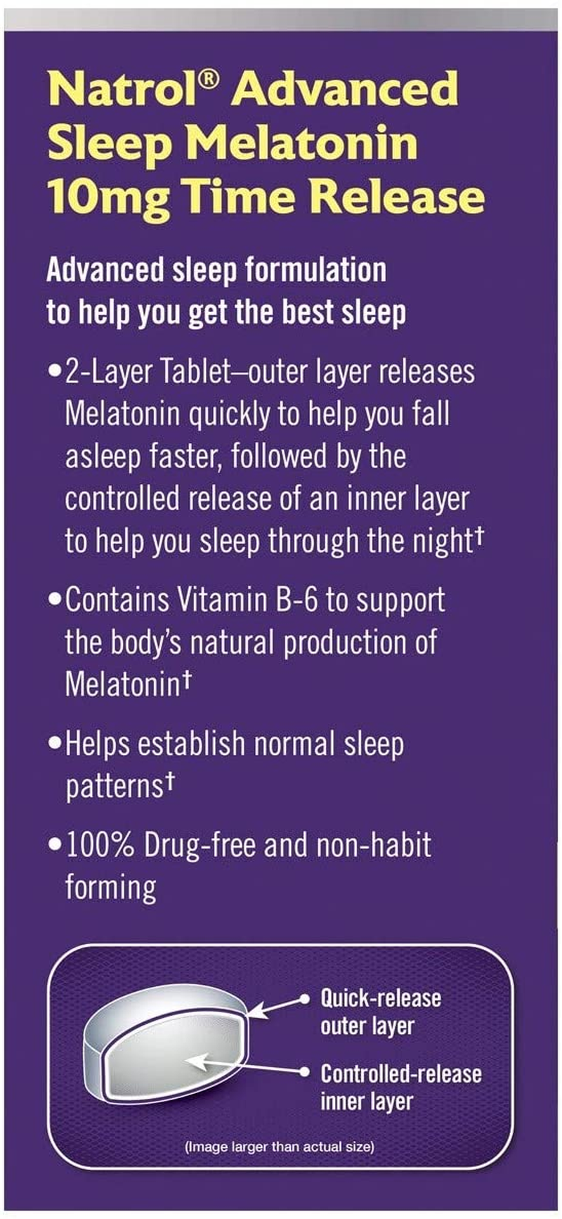 Melatonin Advanced Sleep Tablets with Vitamin B6, Helps You Fall Asleep Faster, Stay Asleep Longer, 2-Layer Controlled Release, 100% Drug-Free, 10Mg, 60 Count