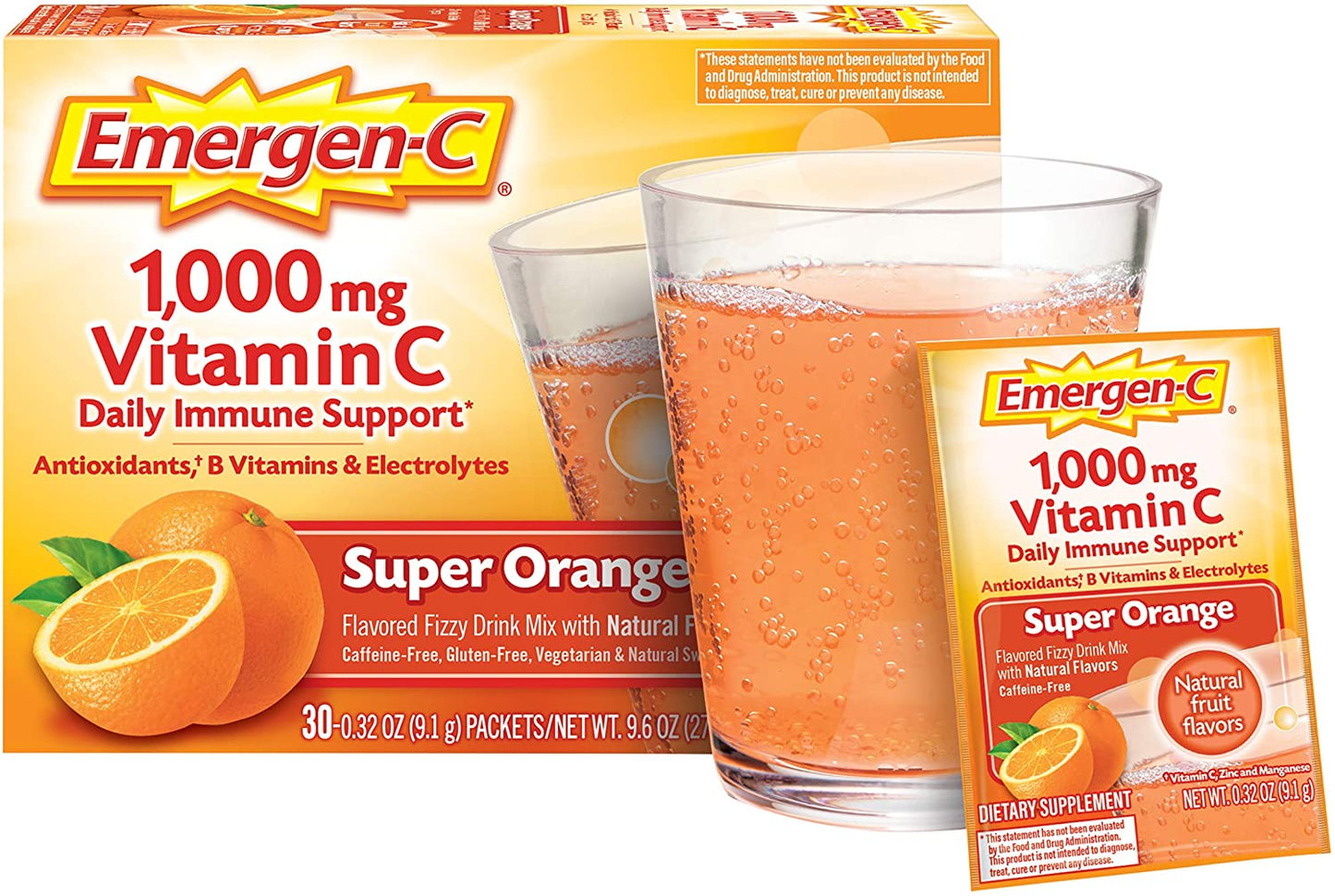 Emergen-C 1000Mg Vitamin C Powder for Daily Immune Support Caffeine Free Vitamin C Supplements with Zinc and Manganese, B Vitamins and Electrolytes, Super Orange Flavor - 30 Count