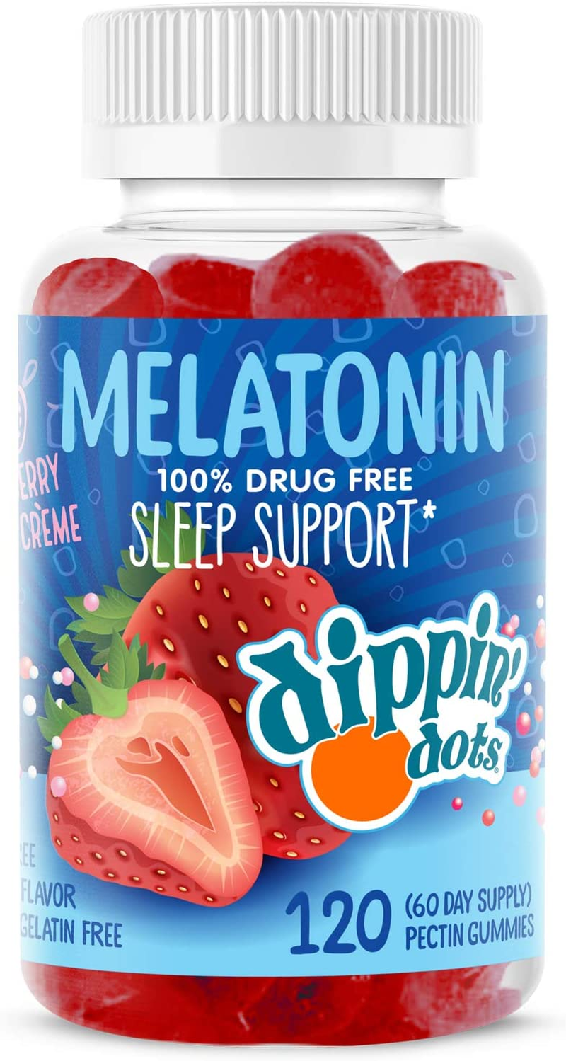 Dippin' Dots - Melatonin Sleep Support Gummies (120 Count) Strawberry Sunset Creme Flavor Chews | 2.5Mg per Gummy Sleep Supplement for Children and Adults | Supplement for Faster Faster & Longer Sleep