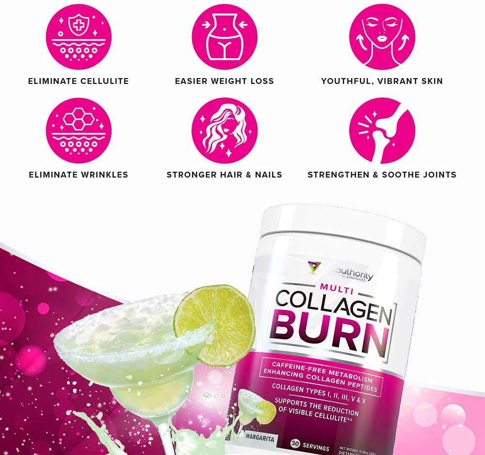 Multi Collagen Burn: Multi-Type Hydrolyzed Collagen Protein Peptides with Hyaluronic Acid, Vitamin C, SOD B Dimpless, Types I, II, III, V and X Collagen, Caffeine-Free (Margarita)