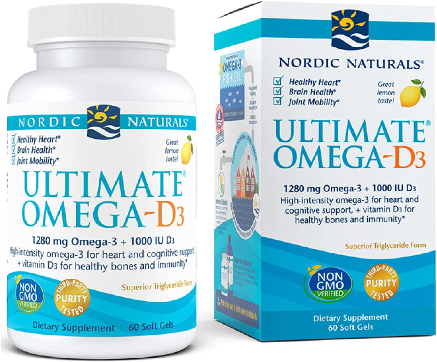 Ultimate Omega-D3, Lemon Flavor - 1280 Mg Omega-3 + 1000 IU Vitamin D3-60 Soft Gels - Omega-3 Fish Oil - EPA & DHA - Promotes Brain, Heart, Joint, & Immune Health - 30 Servings