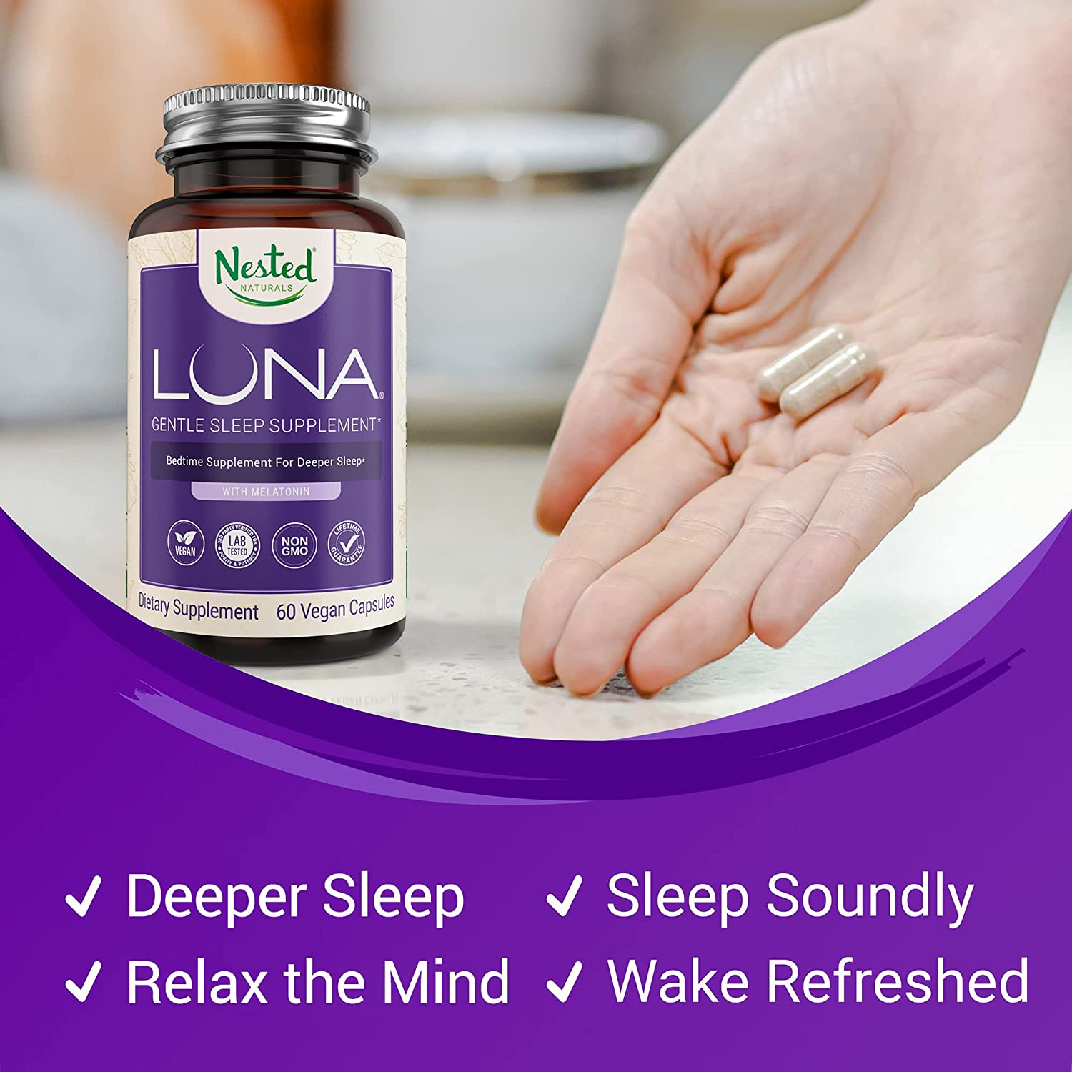 Luna | #1 Bedtime Supplement | Naturally Sourced Ingredients for Easier Bedtime | 60 Non-Habit Forming Vegan Capsules | Herbal Supplement with Melatonin, Valerian Root, Chamomile Non-Gmo (Luna 2 Pack)