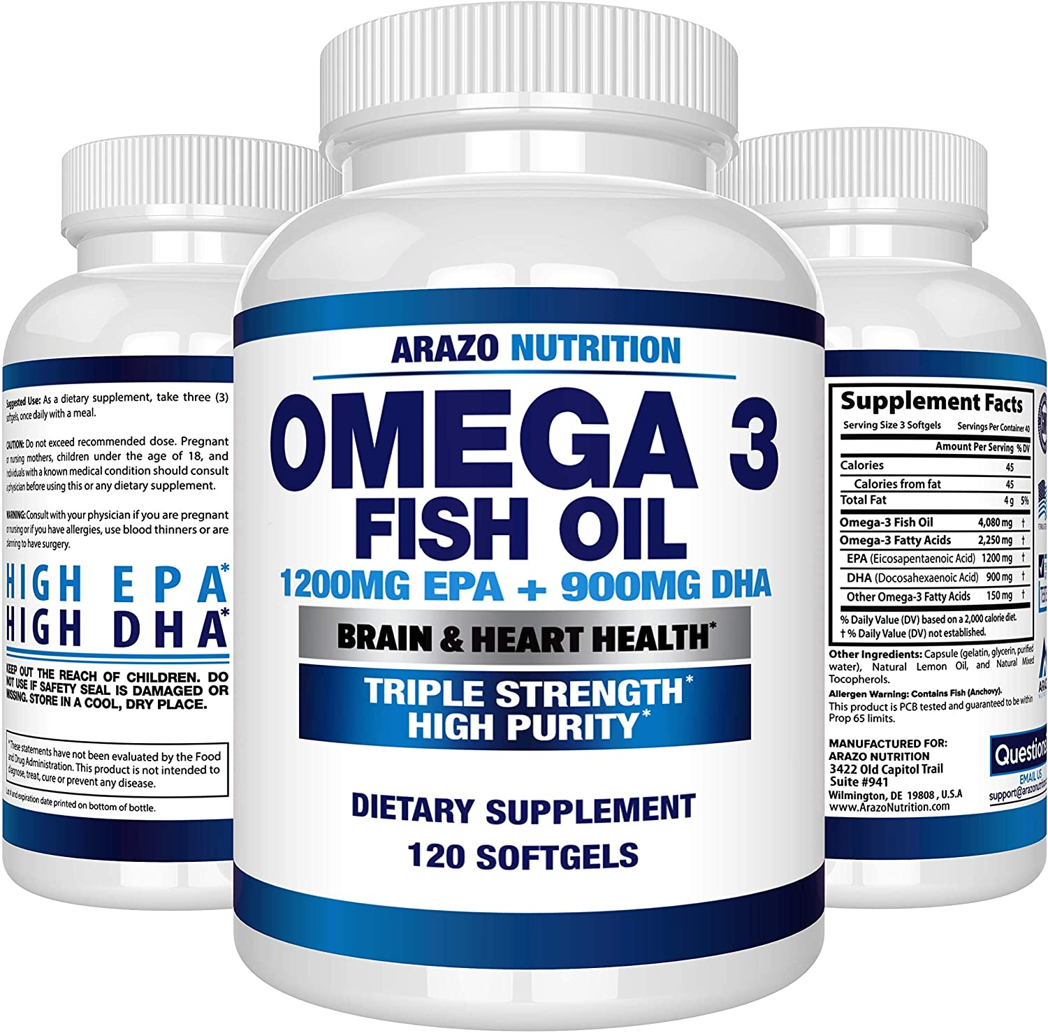 Omega 3 Fish Oil 4,080Mg - High EPA 1200Mg + DHA 900Mg Triple Strength Burpless Softgels -  (120 Soft Gels)